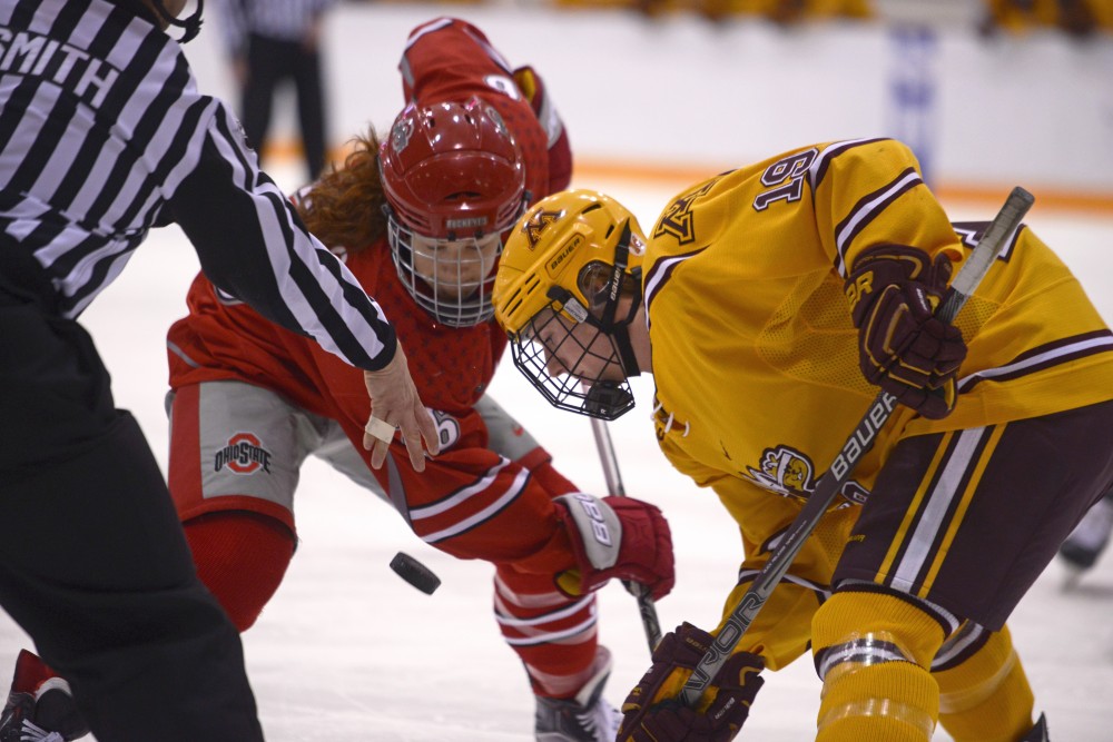 Forward Kelly Pannek watches the puck drop during a game against Ohio State on Feb. 27, 2016.