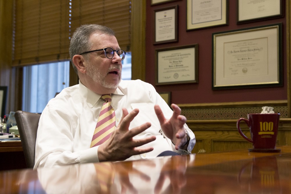 University of Minnesota President Eric Kaler fields questions from the Minnesota Daily in his office on Monday, March 1.
