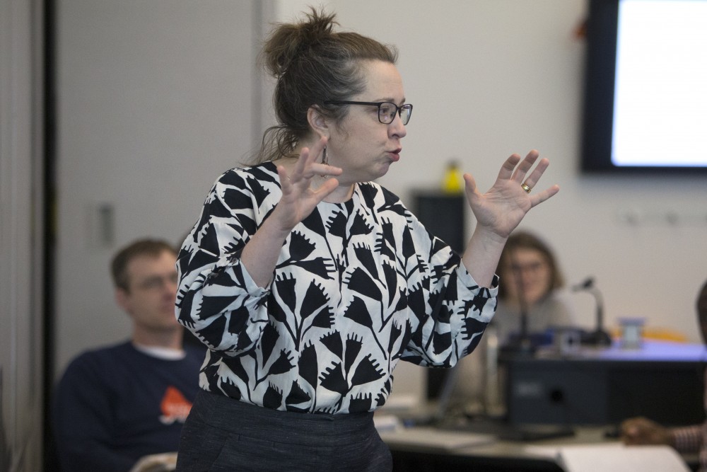 Lecturer Marta Shore addresses false negatives in her graduate level biostatistics course on Monday, Feb. 26 in Bruininks Hall. 