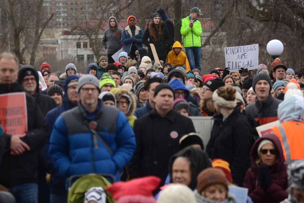 Gun control advocates listen to speakers and chant at the State Capitol during March for Our Lives Minnesota on Saturday, March 24. The march to the Capitol drew thousands of participants including many children, teachers, and individuals personally impacted by gun violence.