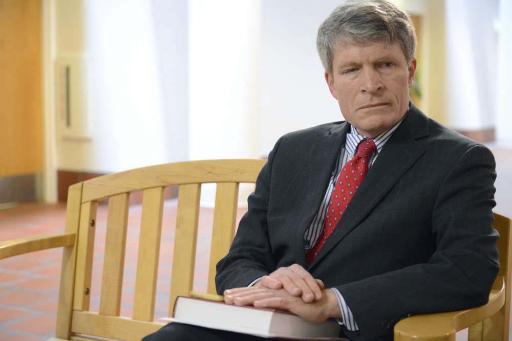 Professor Richard Painter answers questions in an interview at Mondale hall on West Bank on Tuesday, Feb. 7, 2017. Painter sits as vice-chair for the lawsuit against President Trump for allegedly violating the emoluments clause of the constitution.