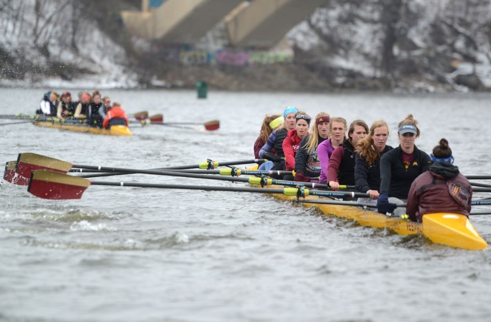 The rowing team practices on the Mississippi River on Mar. 23, 2015.