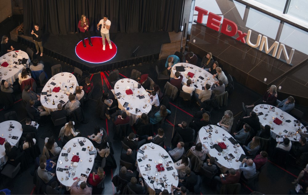 Hosts Meghan Baumler and Taranvir Johal introduce the next speaker of TEDxUMN: A Tale of Twin Cities at McNamara Alumni Center on Friday, March 30. The event was organized and almost entirely run by UMN students.
