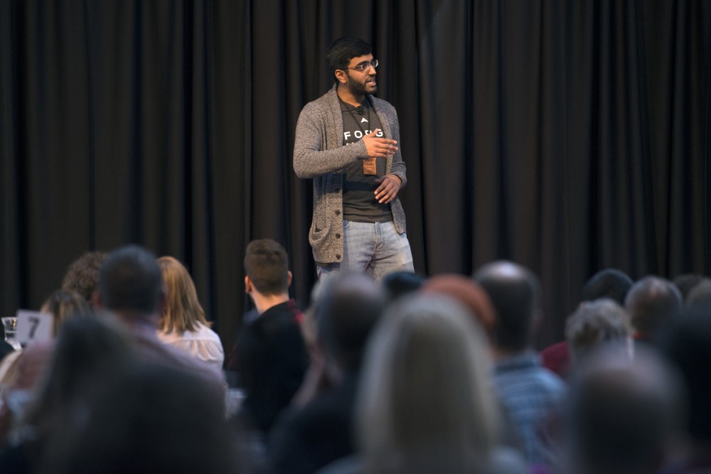 Bharat Pulgam, the founder of three companies and a freshman at the University of Minnesota, delivers the first speech of the evening as part of TEDxUMN: A Tale of Twin Cities, at the McNamara Alumni Center on Friday, March 30.