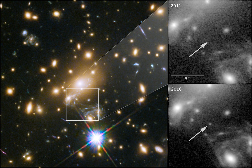 This image composite shows the discovery of the most distant known star using the NASA/ESA Hubble Space Telescope.