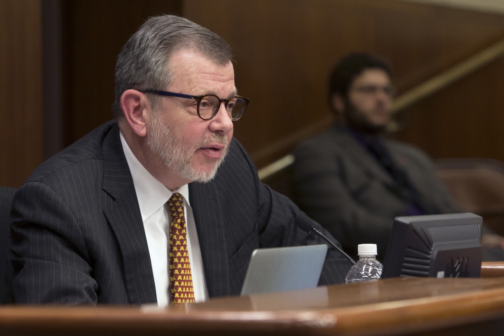 University President Eric Kaler speaks to the House of Representatives committee on higher education at the Minnesota State Office Building in St. Paul on Jan. 24, 2017.