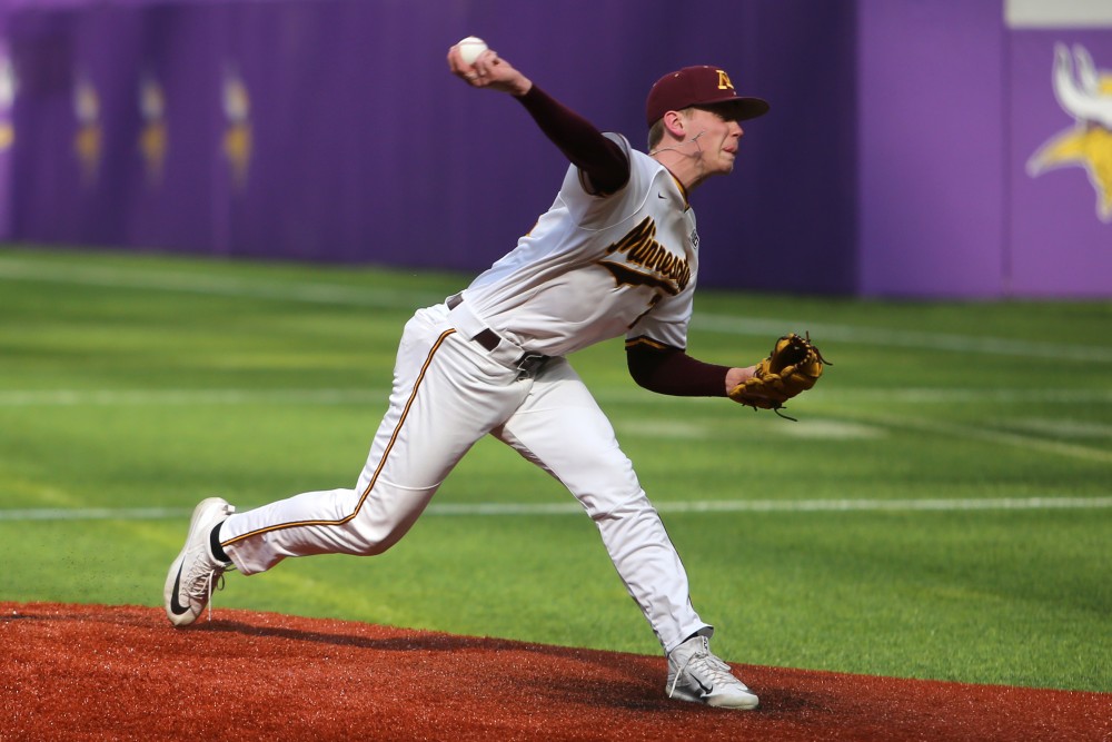 Freshman Max Meyer pitches during the game against St. Johns University on March 31, 2018 at U.S. Bank Stadium.