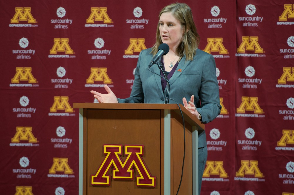 Lindsay Whalen fields questions during a press conference at Williams Arena after her recent appointment to head coach on Friday, April 13, 2018 . 