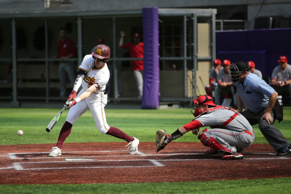Senior Alex Boxwell bats during the game against St. Johns University on Saturday, March 31 at U.S. Bank Stadium.