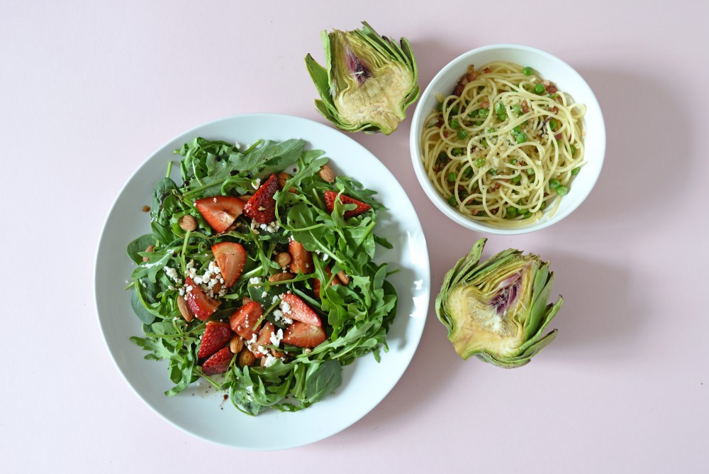 Strawberry-Arugula-Spinach Salad, Spaghetti with Peas, Parmesan and Artichokes.