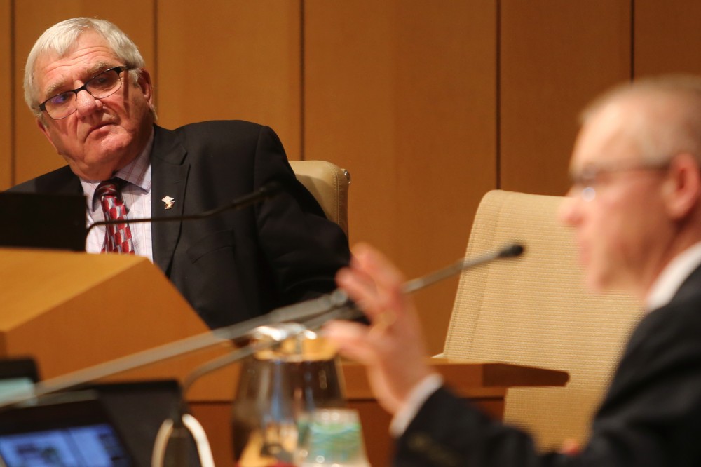 Newly elected member of the Board of Regents Randy Simonson listens to Medical School Dean Jakub Tolar present during a regents meeting on Friday, May 11, 2018 at McNamara Alumni Center. It was Simonsons first meeting.