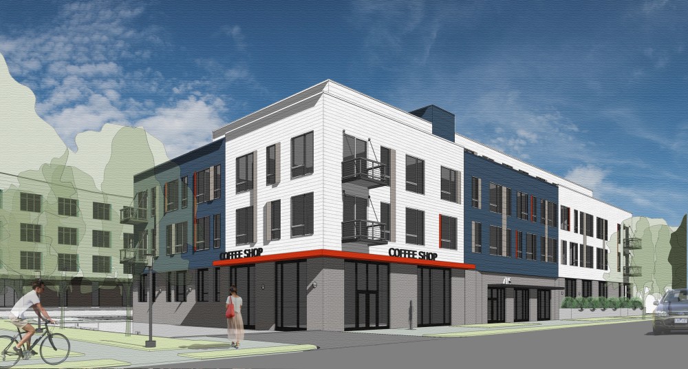 A rendering of the apartment building that will be part of a new development at 8th St and 9th St SE in Marcy Holmes. The development also includes an office building and a hotel.