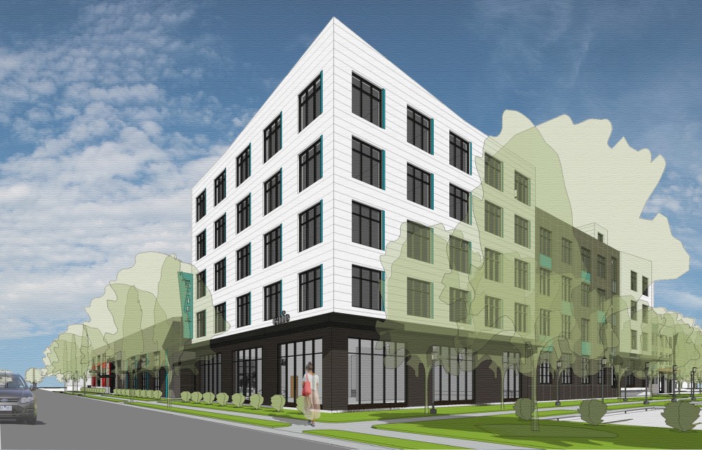 A rendering of the hotel that will be part of a new development at 8th St and 9th St SE in Marcy Holmes. The development also includes two apartment complexes and an office building.