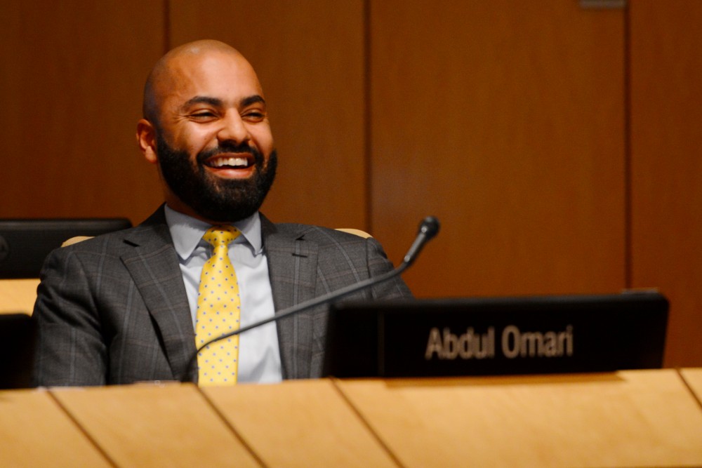 Regent Abdul Omari jokes about withdrawing from his sociology class in 2004 at the Board of Regents meeting on Friday, June 8, 2018 at McNamara Alumni Center.