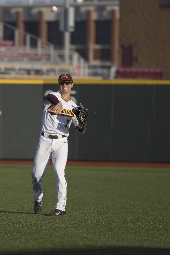 Jordan Kozicky throws the ball as the Gophers practice before the game against Canisius on Friday, June 1, 2018 at Siebert Field. The Gophers won 10-1.