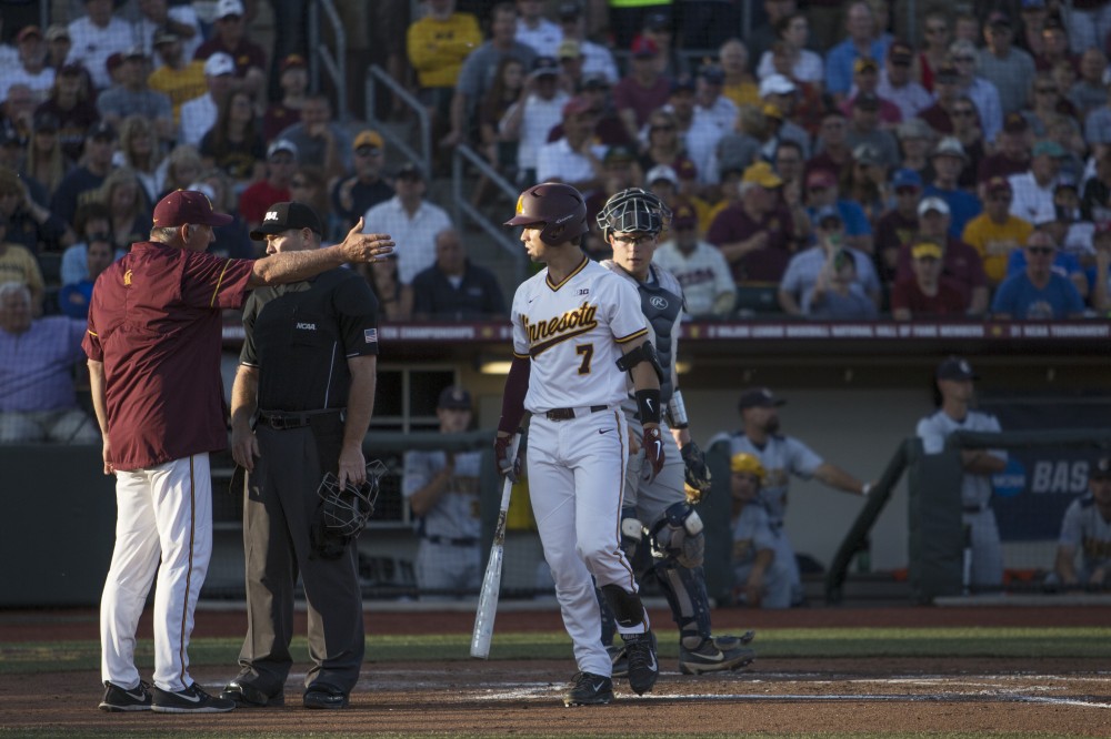 Head Coach John Anderson is upset with an umpires call during the game against Canisius on Friday, June 1, 2018. The Gophers won 10-1.