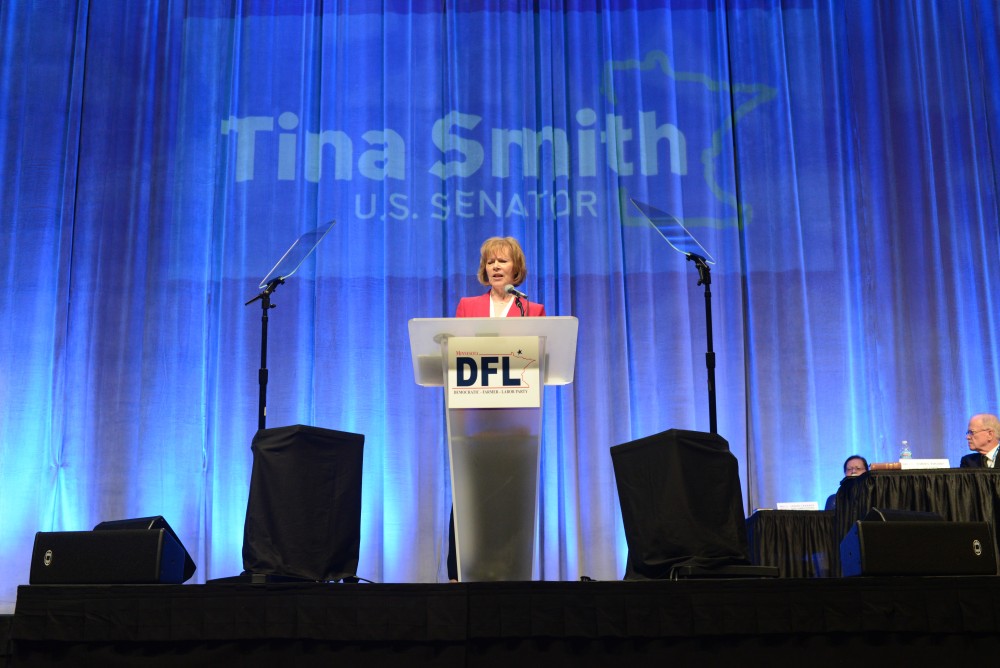 Tina Smith, who won the DFL endorsement for the special election caused by Al Frankens resignation, speaks at the DFL Convention at Mayo Civic Center in Rochester, Minnesota on Friday, June 1, 2018.
