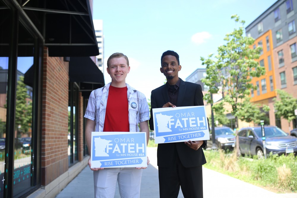 University student Austin Berger poses for a portrait with Omar Fateh, who is running for the Minnesota House of Representatives on Friday, June 1, 2018 in Dinkytown. Berger and other student staffers created a unionization campaign based on Rep. Erin Murphys campaign for governor.