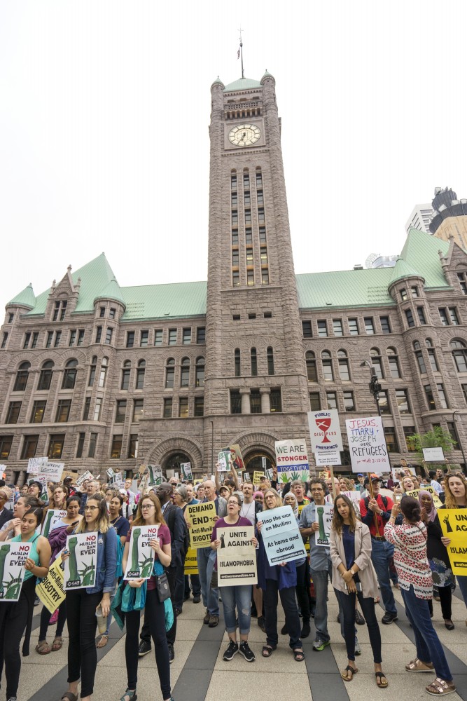 Protestors gathered at the courthouse in downtown Minneapolis on Tuesday, June 26 after the Supreme Court ruled in favor of banning travel into the U.S. from several mostly Muslim countries.