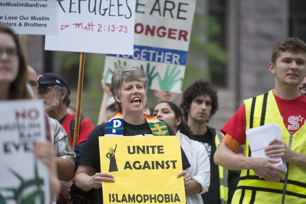 Protestors gathered at the courthouse in downtown Minneapolis on Tuesday, June 26 after the Supreme Court ruled in favor of banning travel into the U.S. from several mostly Muslim countries.