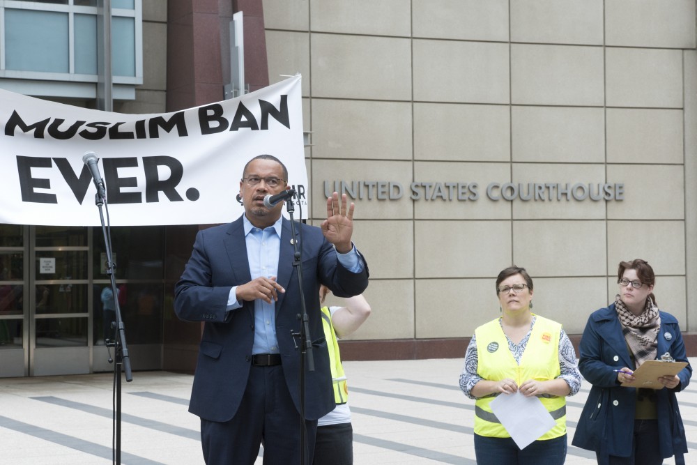 Rep. Keith Ellison, D-Minn., spoke to protestors gathered at the Minneapolis courthouse downtown on Tuesday, June 26. Ellison is a candidate for Minnesota attorney general.
