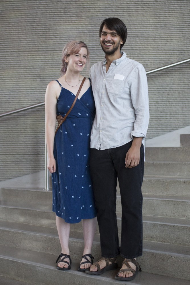 Kelsey Oseid and Nick Wojciak pose for a portrait at the Bell Museum.