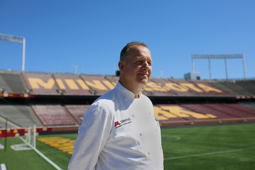 District Executive Cheff Gregg Malsbary poses for a portrait inside TCF Bank Stadium on Monday, July 16. Malsbary led relief efforts to cook thousands of meals a day for people impacted by the two volcanic eruptions in Hawaii and Guatemala this year.
