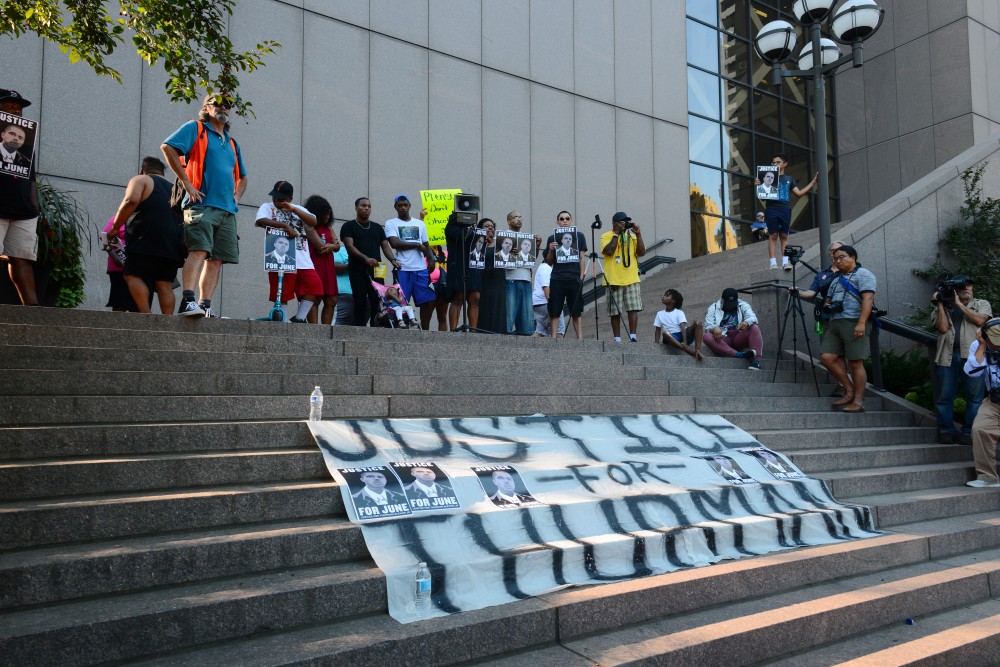 A protest occurred on Tuesday, July 31, 2018 at the Hennepin County Government Center after Hennepin County Attorney Mike Freemans decision to not charge the two police officers involved in the death of Thurman Blevins.