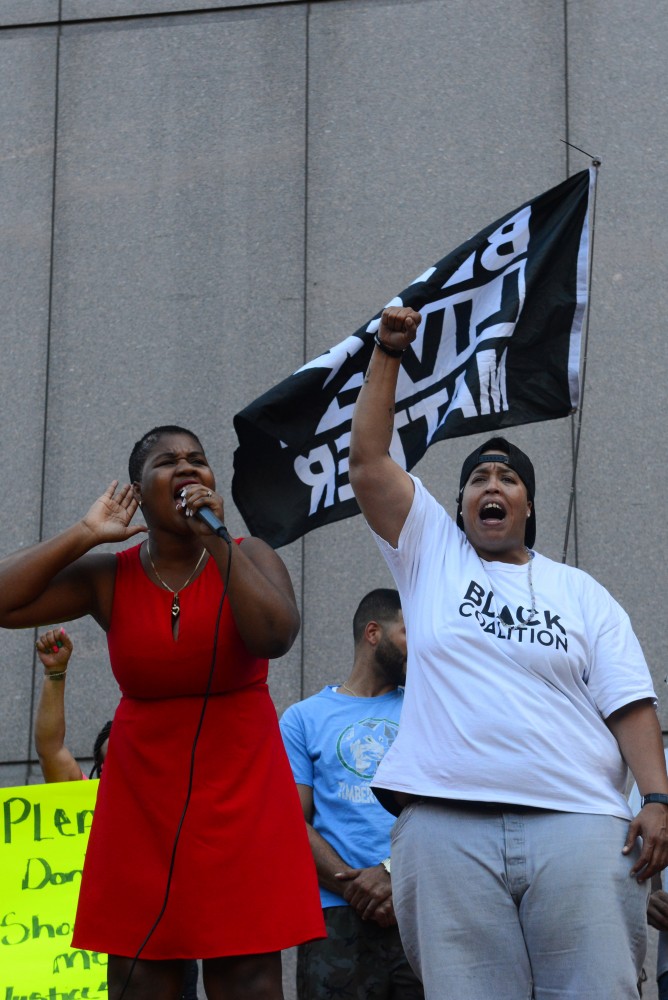 Minneapolis NAACP president, Leslie Badue, spoke to protestors at the Hennepin County Government Center on Tuesday, July 31 after the announcement to not charge the two police officers involved in the death of Thurman Blevins. 