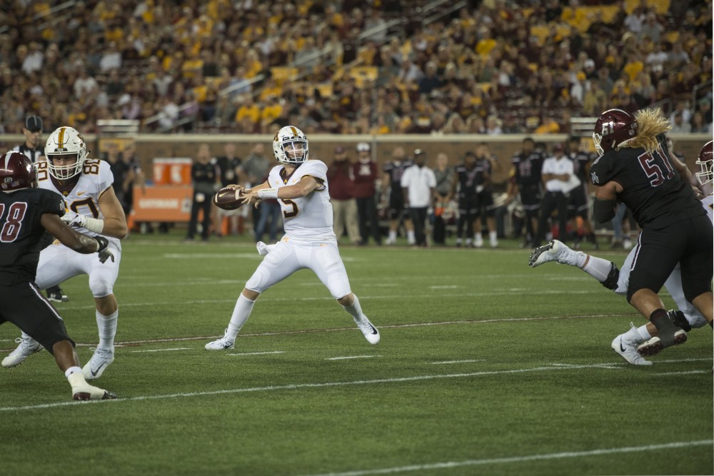 Quarterback Zack Annexstad looks to throw the ball at TCF Bank Stadium on Thursday, Aug. 30. The Gophers defeated the New Mexico State Aggies 48-10.
