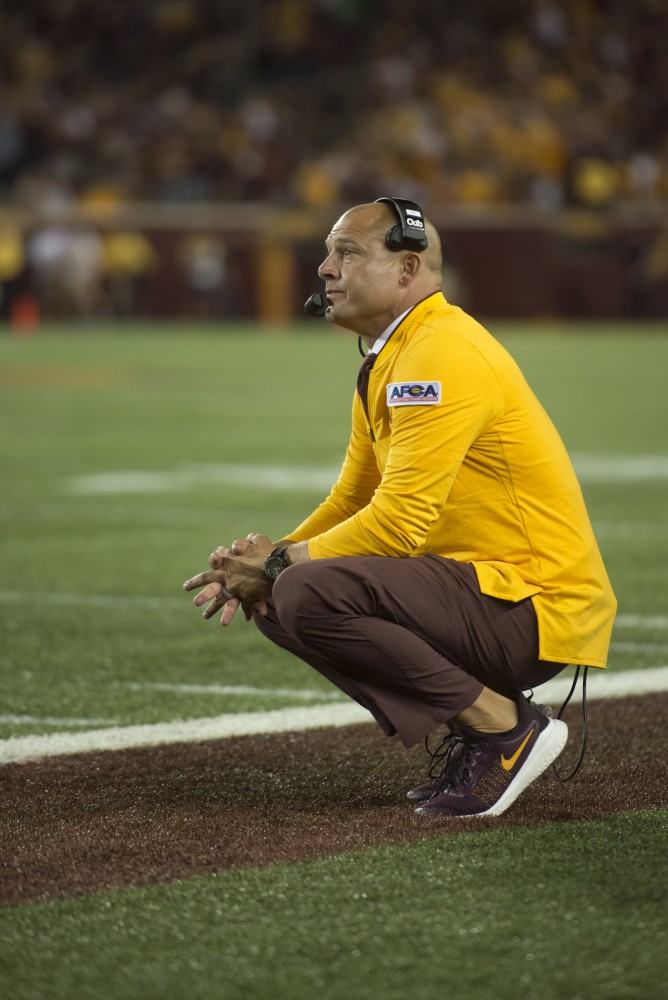 Head coach P.J. Fleck observes the game at TCF Bank Stadium on Thursday, Aug. 30. The Gophers defeated the New Mexico State Aggies 48-10.