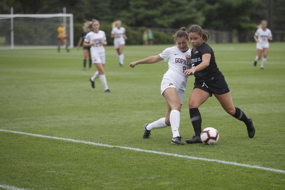 Senior Maddie Castro goes for the ball during the game against DePaul on Thursday, Aug. 30 at Elizabeth Lyle Robbie Stadium.