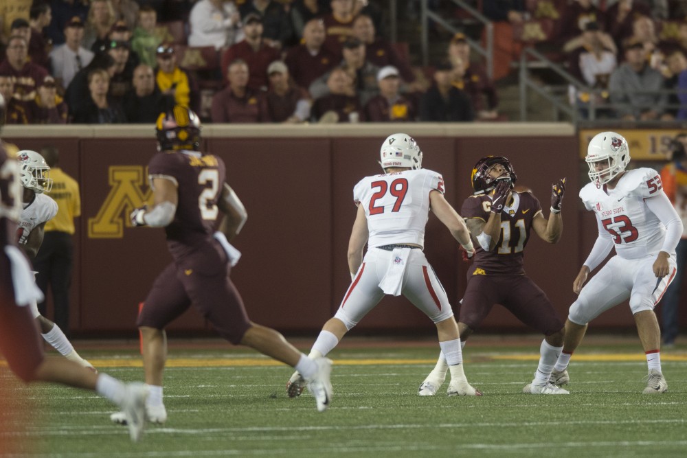 Redshirt sophomore Antoine Winfield Jr. anticipates the ball during the game against Fresno State on Saturday, Sept. 8 at TCF Bank Stadium. Winfield Jr. made a game-saving interception in the final seconds of the game.