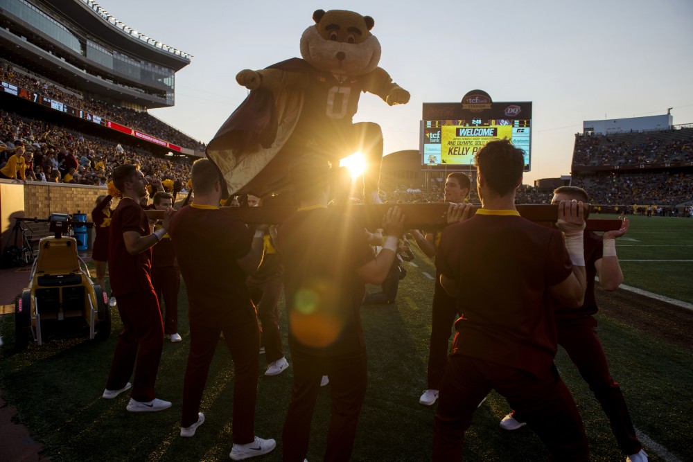 Goldy Gopher celebrates after the Gopher football team scored against Fresno State on Saturday, Sept. 8 at TCF Bank Stadium. 
