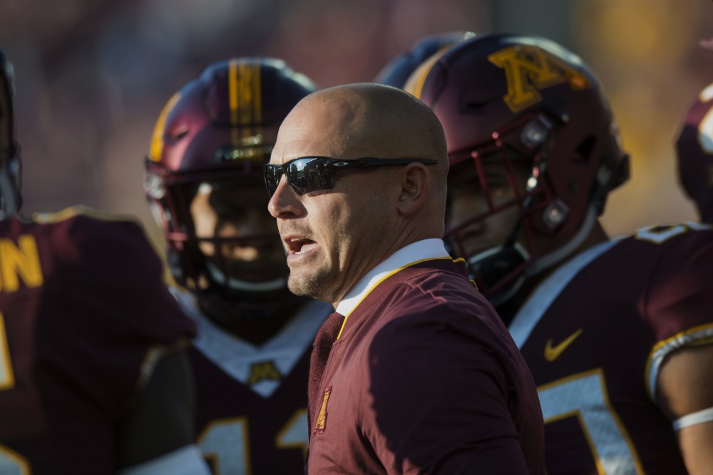 Head Coach P.J. Fleck directs the football team during the game against Fresno State on Saturday, Sept. 8 at TCF Bank Stadium.