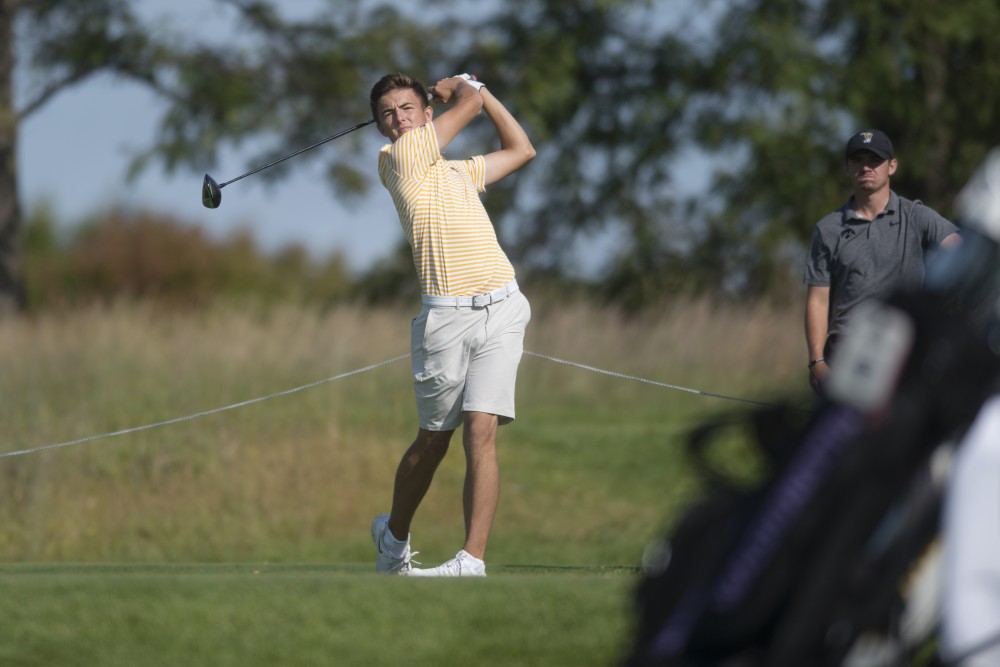 Freshman Harry Plowman-Ollington plays during the Gopher Invitational on Sunday, Sept. 9 at Windsong Farm Golf Club in Maple Plain, Minnesota.