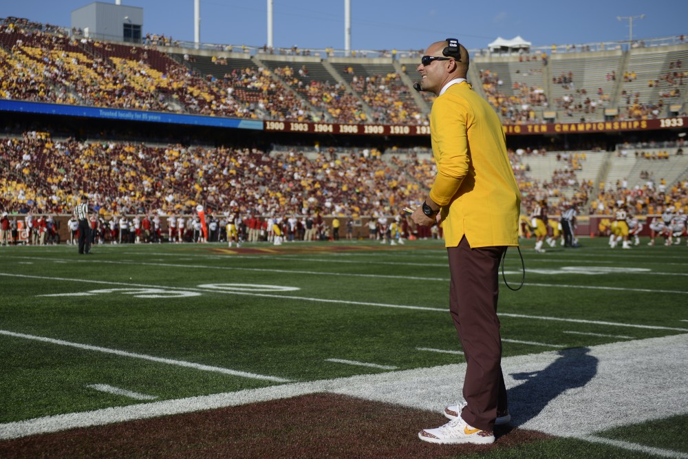 Coach P.J. Fleck stands on the sidelines during the Gophers game against Miami University on Saturday, Sept. 15 at TCF Bank Stadium in Minneapolis.