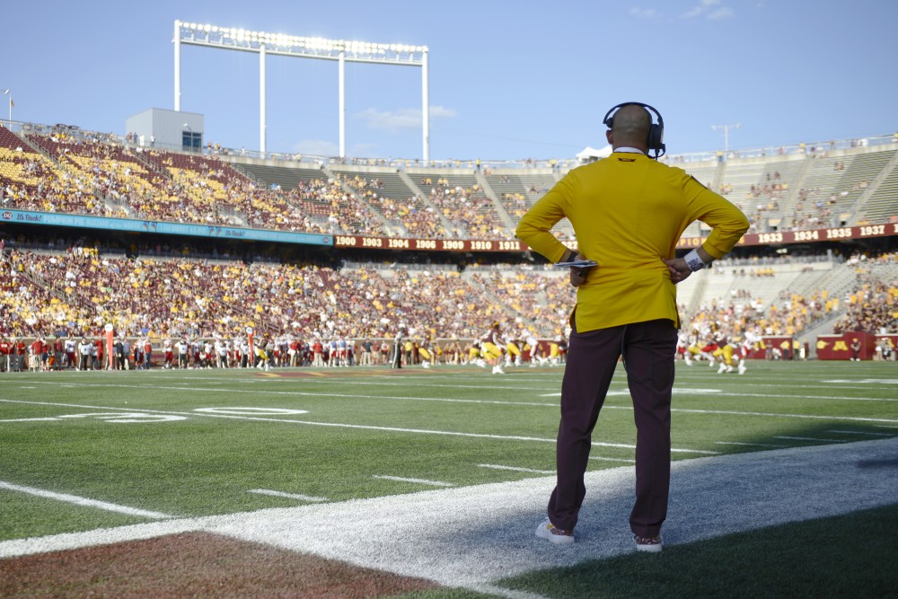 Coach P.J. Fleck stands on the sidelines during the Gophers game against Miami University on Saturday, Sept. 15 at TCF Bank Stadium in Minneapolis.