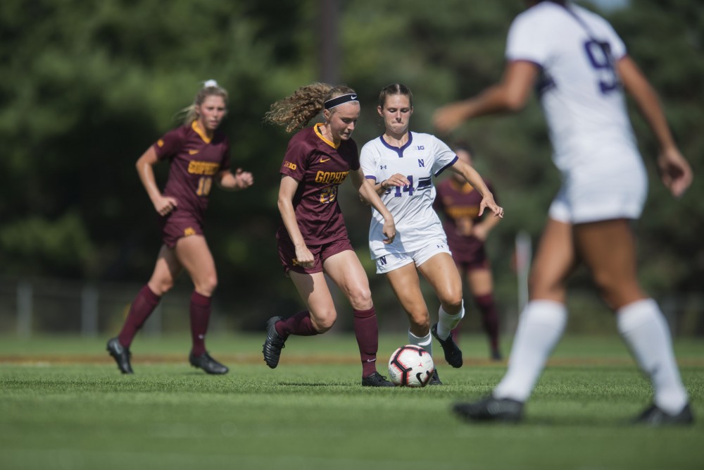 Forward April Bockin fights for the ball at Elizabeth Lyle Robbie Stadium on Sunday, Sept. 16. The Gophers defeated Northwestern 2-0. 