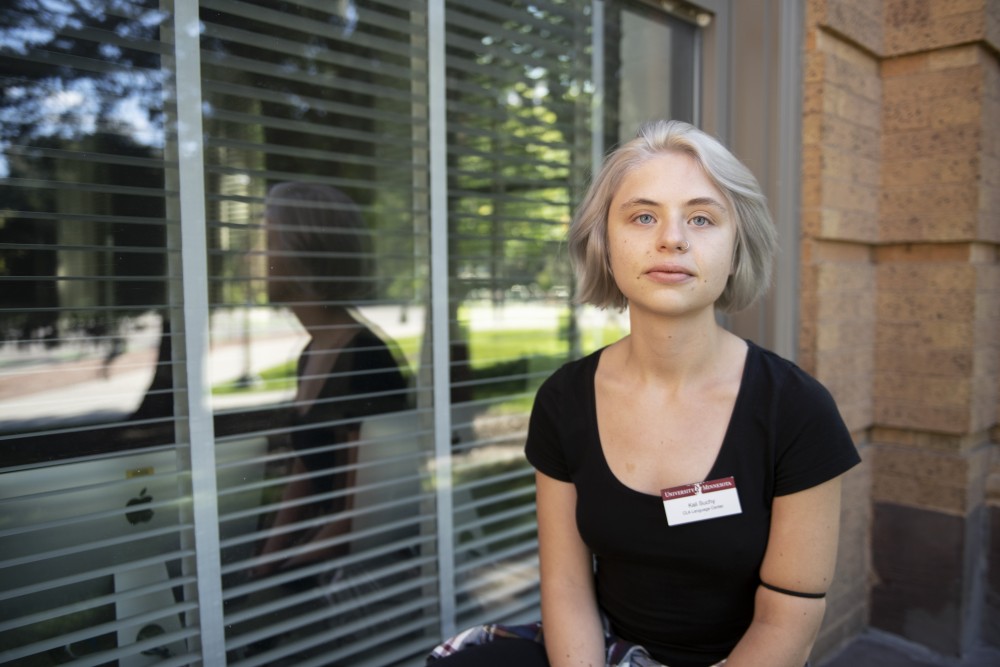 Sociology senior Kali Suchy poses for a photo outside of Jones Hall on Friday, Sept. 28 on East Bank. Suchy, who works at the CLA Language Center, has been working there through a work study program since her freshman year.