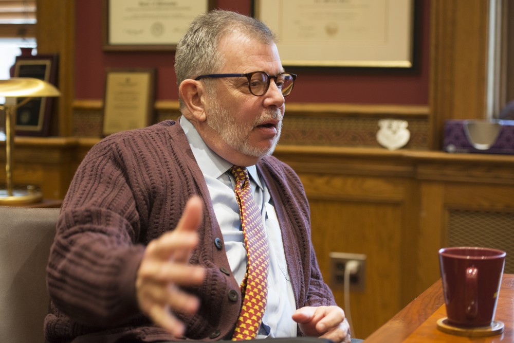 University President Eric Kaler answers questions from the Minnesota Daily on Thursday, Sept. 27, 2018 in his office at Morrill Hall. Kaler told the Daily his favorite part about the fall semester is watching Gopher football and volleyball games.
