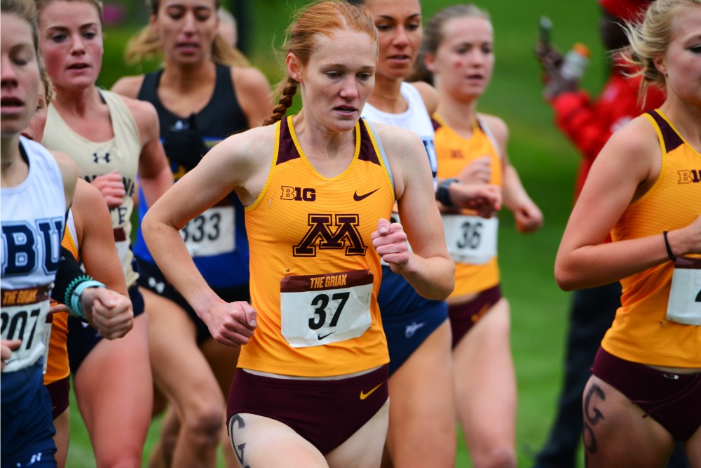 Patty OBrien, who had a top-20 finish runs the course. Teammates and sisters Bethany and Megan Hasz finished first and second overall for Gopher womens cross country at the 33rd annual Roy Griak Invitational at Les Bolstad Golf Course on Saturday, Sept. 29. 