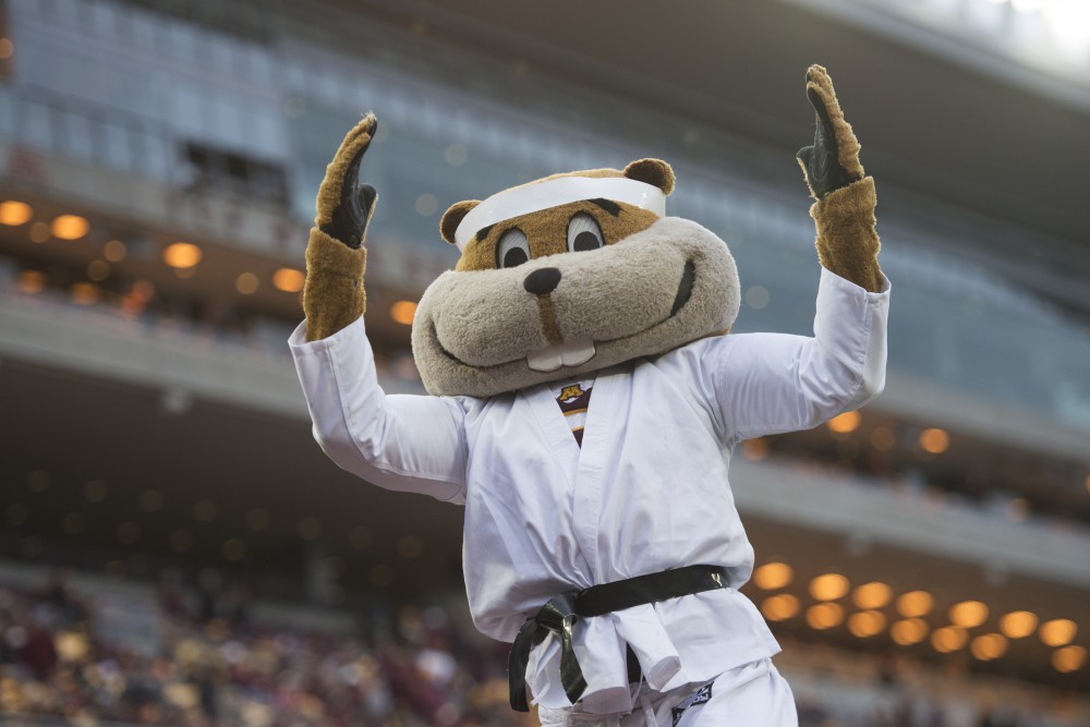 Goldy prepares for his celebratory push-ups on Saturday, Oct. 6 at TCF Bank Stadium. The Hawkeyes defeated the Gophers 48-31. 