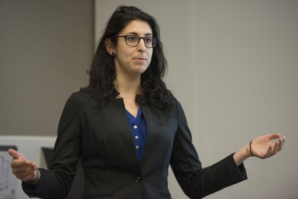 University law student Rebecca Rosefelt, who worked as an intern during Summer 2017 in Mexico conducting research on international standards for juvenile detention, spoke at Mondale Hall on Wednesday, Oct. 10, 2018. Her research shows that many juveniles are detained for long periods of time while police investigated their cases, even though they werent charged yet.