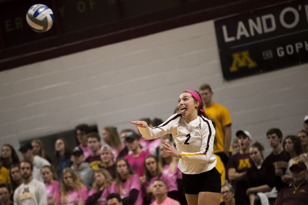 Lauren Barnes serves during the game against the Northwestern Wildcats on Saturday, Oct. 13, 2018. The Gophers beat Northwestern in all three sets.