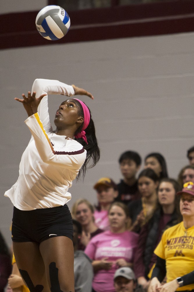 Sophomore opposite hitter Stephanie jumps up for a serve during the game against the Northwestern Wildcats on Saturday, Oct. 13, 2018. The Gophers beat Northwestern in all three sets.