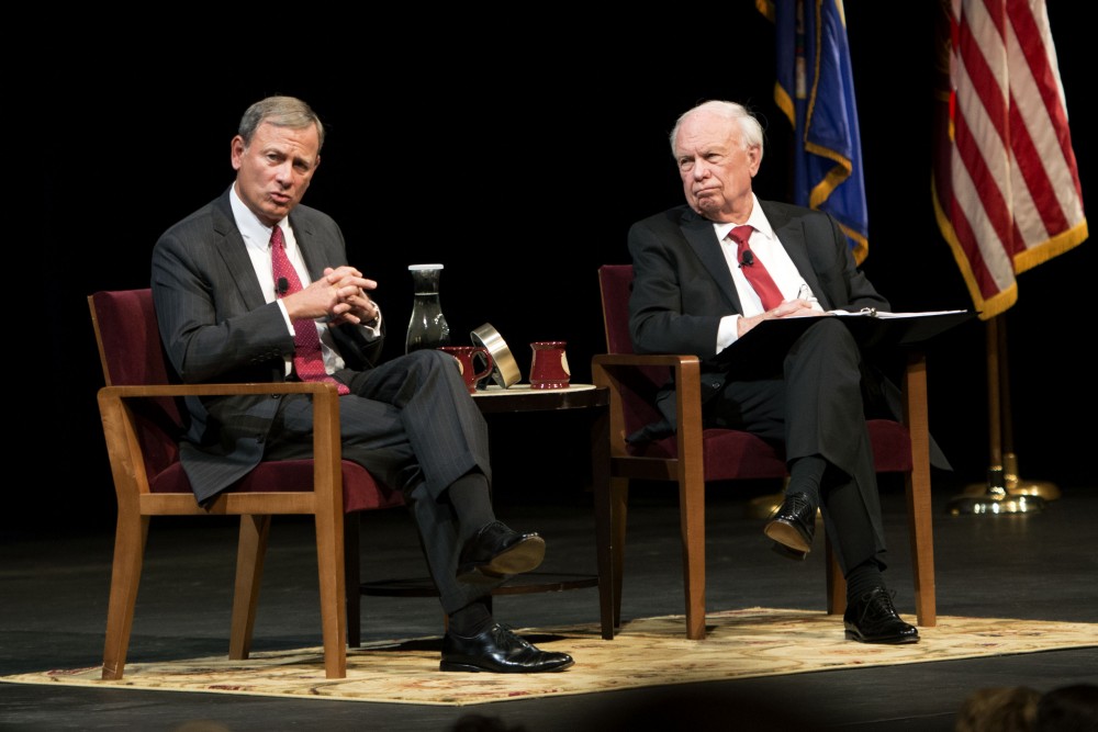 Robert Stein, a University of Minnesota Law School professor speaks with Chief Justice of the United States, John Roberts on Tuesday, Oct. 16 at Northrop Auditorium on East bank.
