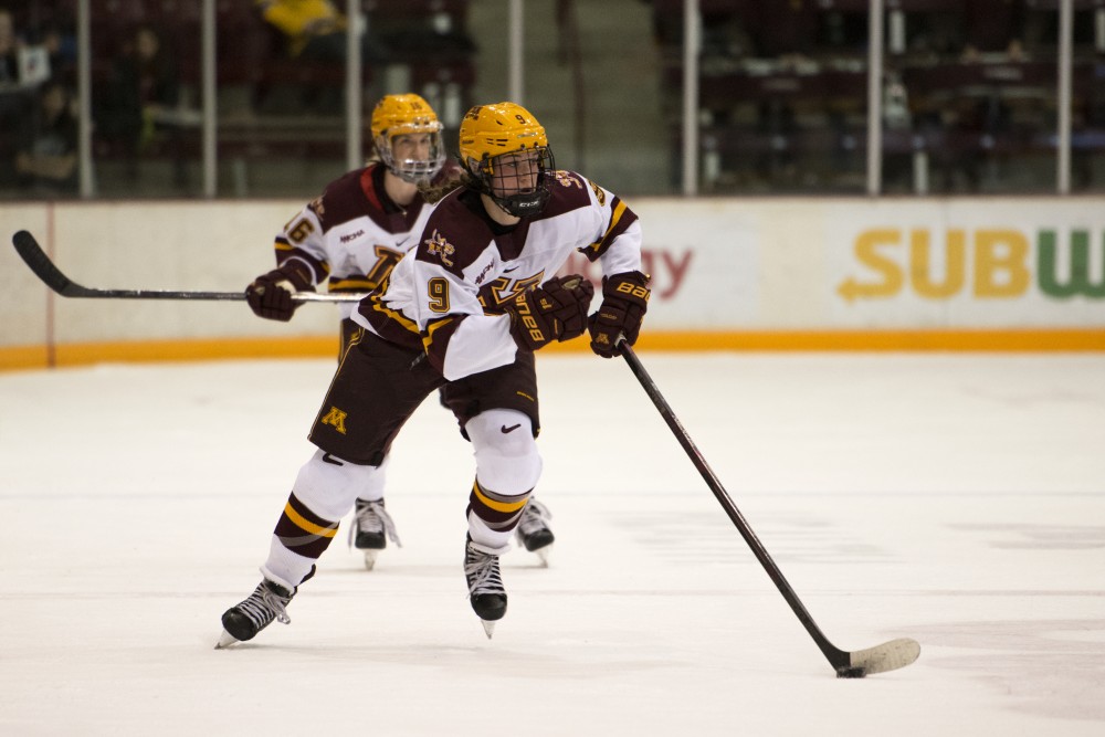 Taylor Heise handles the puck on Saturday, Oct. 13, 2018 at Ridder Arena in Minneapolis, Minn.