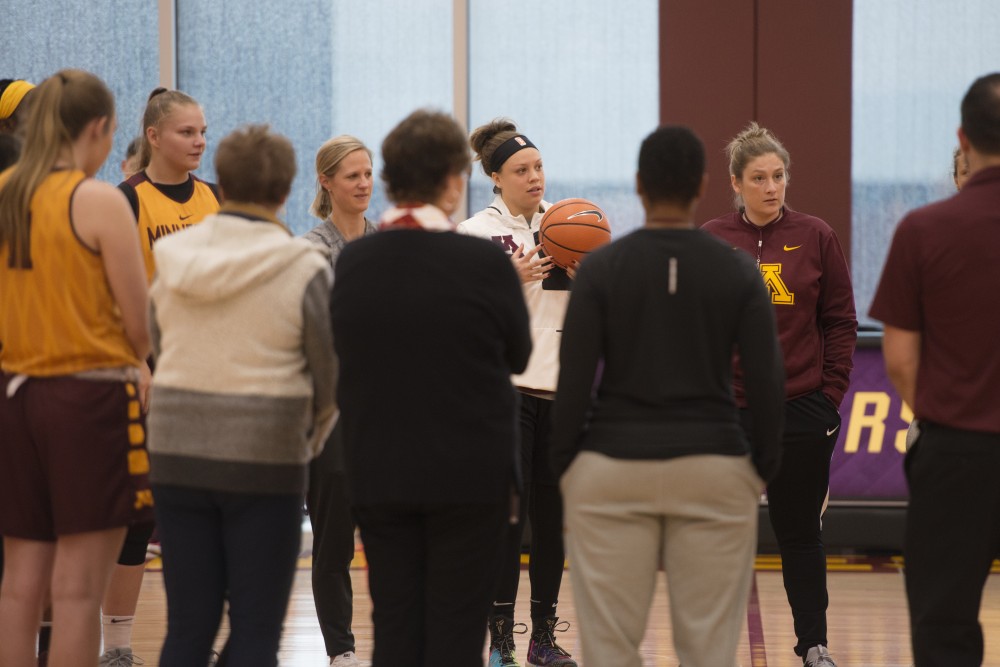 Rachel Banham, all-time leading scorer for Gopher womens basketball made an appearance at practice on Monday, Oct. 9, 2018 in the Cunningham Basketball Performance Center. Coach Lindsay Whalen introduced her to her players at a huddle at the beginning of practice.