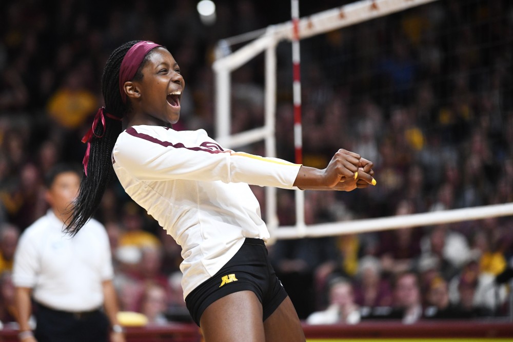 Freshman Adanna Rollins celebrates after the gophers score against Iowa on Friday, Oct. 19, 2018 at Maturi Pavilion. 